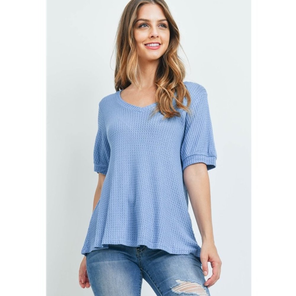 Puff Sleeve V-Neck Waffle Top